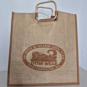 Jute Tote Bag / Large Burlap w/ Wooden Handles Otter Wear Screen Print 18" x 18"